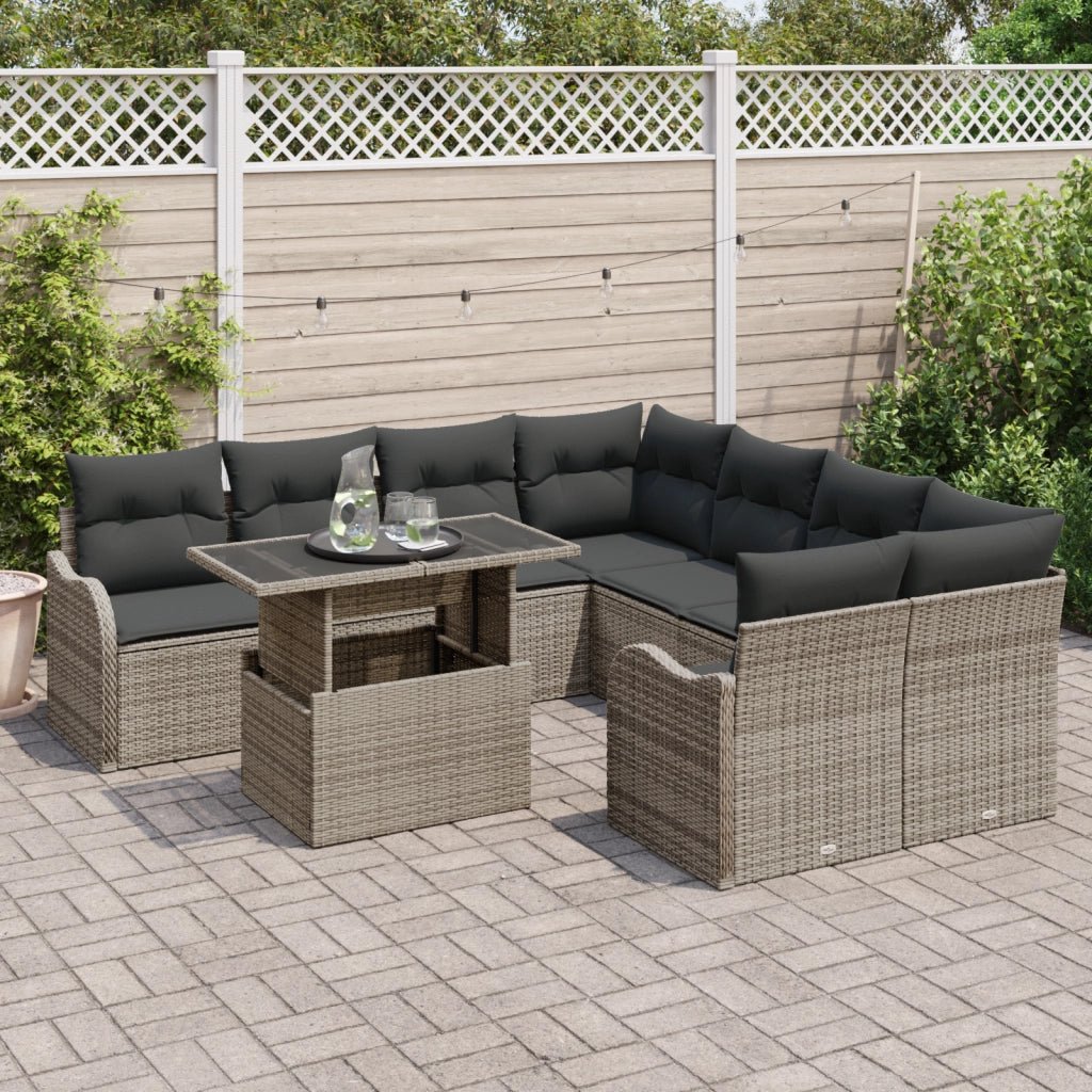 Set di Divani da Giardino in 9 Pezzi con Cuscini Grigio Polyrattan