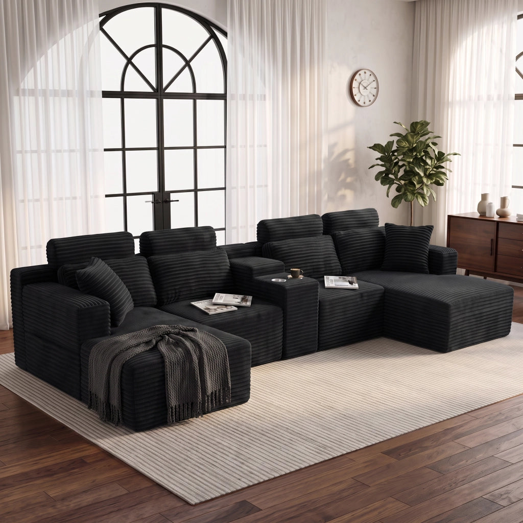 Divano modulare a U 372.0x151.0x80.0 cm con doppi portabicchieri in schiuma nero