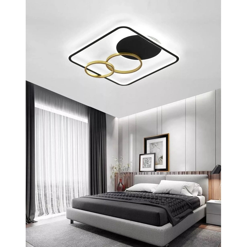 Trade Shop - Plafoniera Led 55w Quadrato Con Cerchi Nero Oro Lampada Soffitto Luce 6500k 70906 -