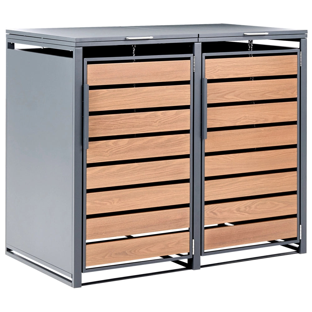 Copertura doppia per bidone della spazzatura in acciaio zincato grigio scuro da 480 L con sportello magnetico a trasferimento termico e finitura effetto legno, apertura dall'alto, per esterni e giardino