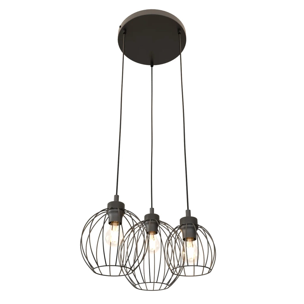 Sospensione Minimal Industrial Hathor 3 Luci Tonda Nera