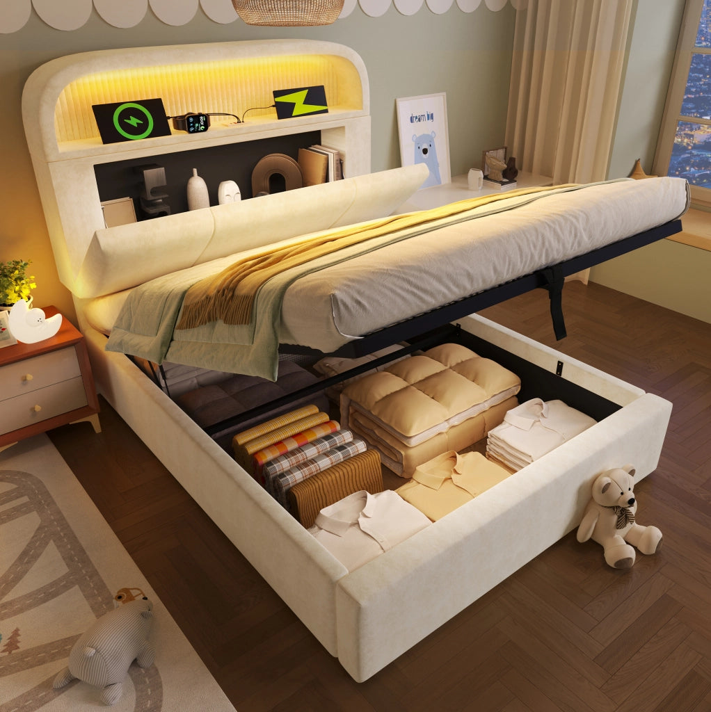 Letto singolo imbottito ULEVR 90x200 cm con contenitore idraulico, LED e ricarica USB/Type-C, beige