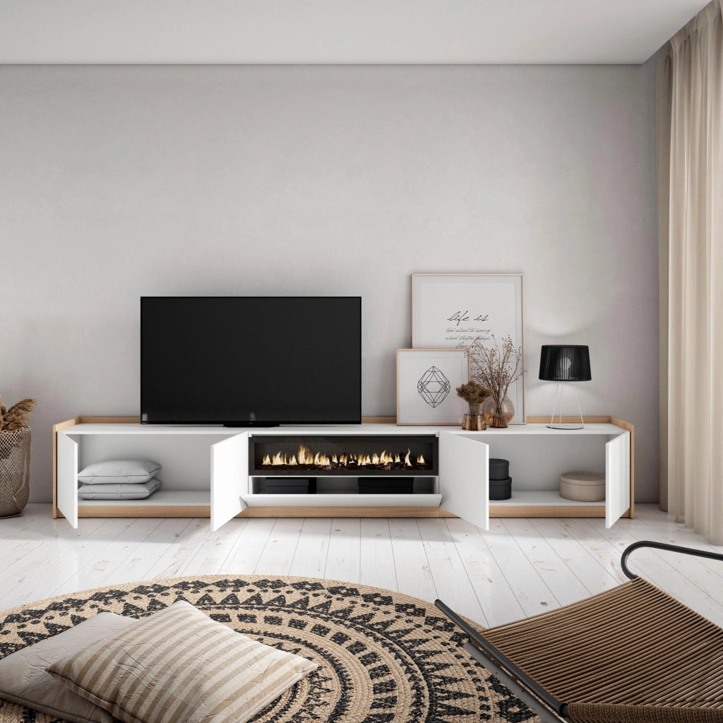 Mobile TV Soggiorno, 310x50x37 cm, Per TV fino a 80", Camino elettrico, Bianco e Rovere soft