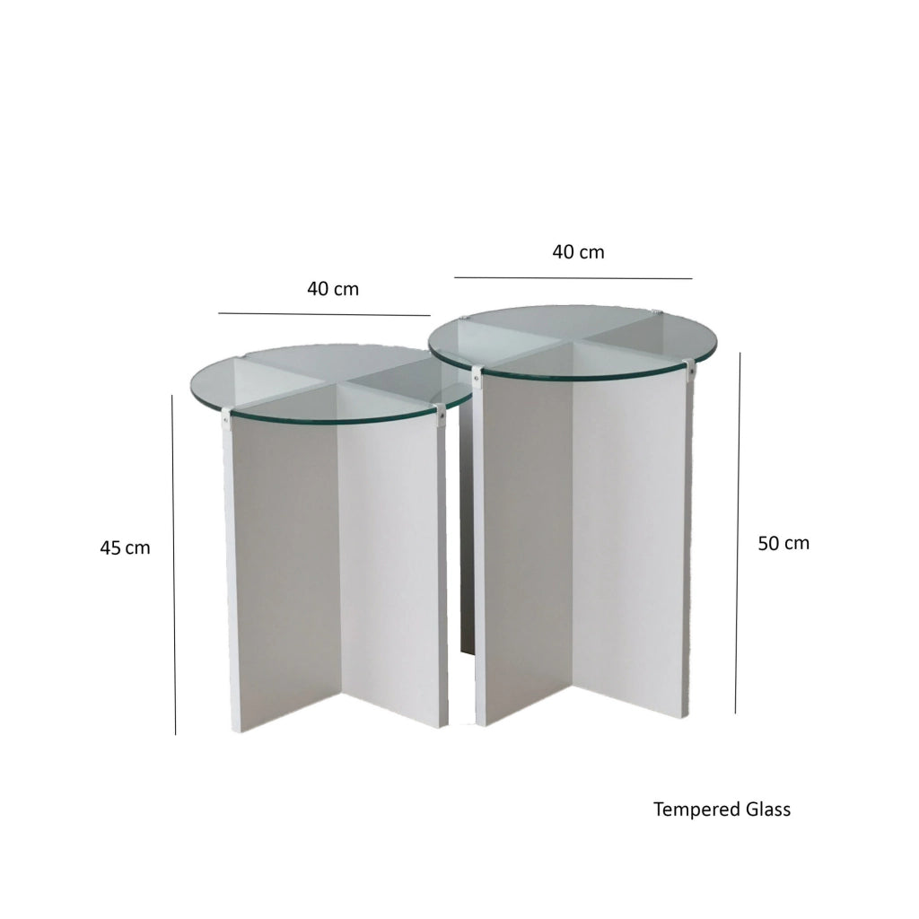 Genga, Tavolino da Salotto set 2 Pezzi Vetro Temperato, 70x70x38h cm Bianco