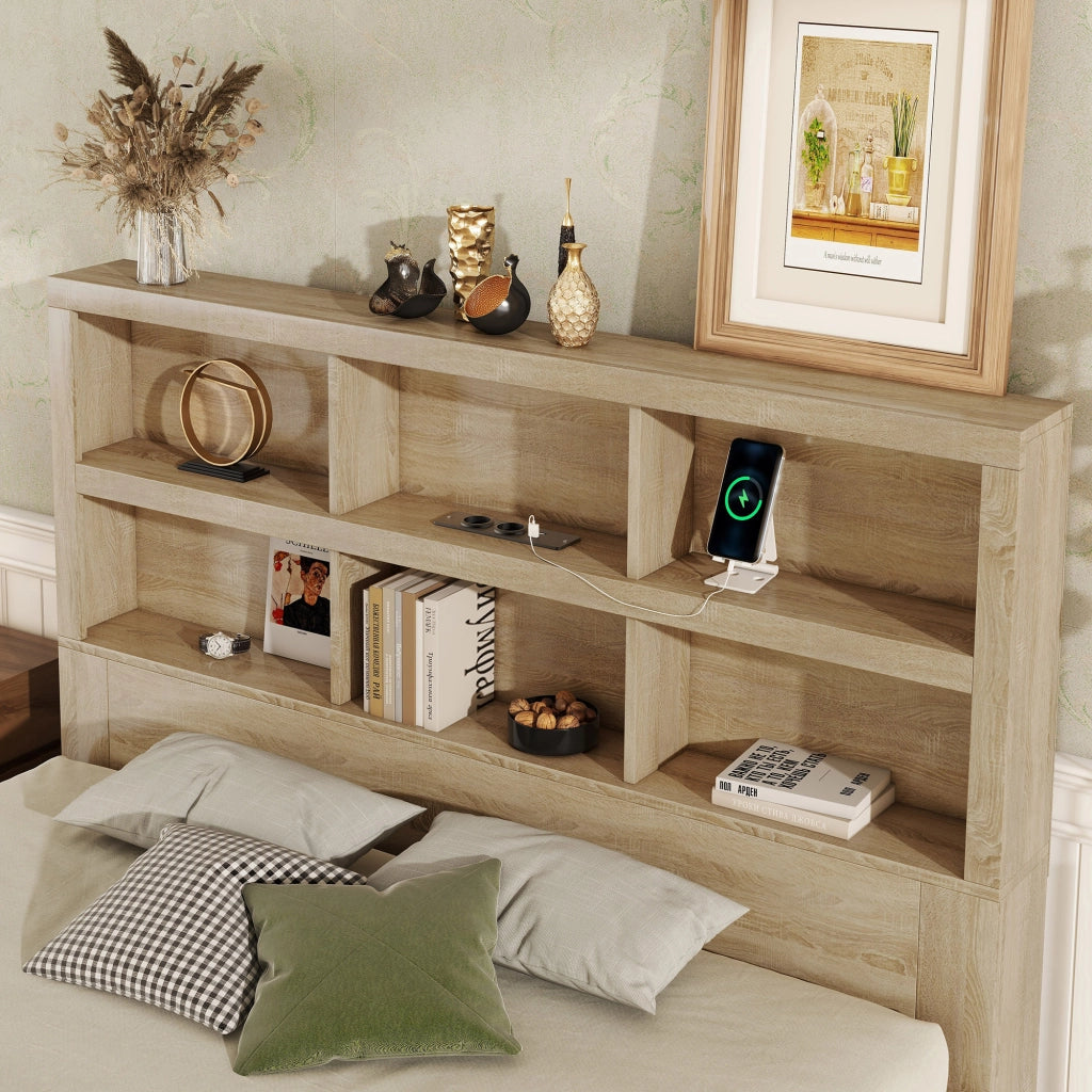 Letto con Cassetti Letto Matrimoniale; USB; 6 Ripiani e 2 Cassetti; 160×200 cm; senza Materasso; Truciolato; Naturale