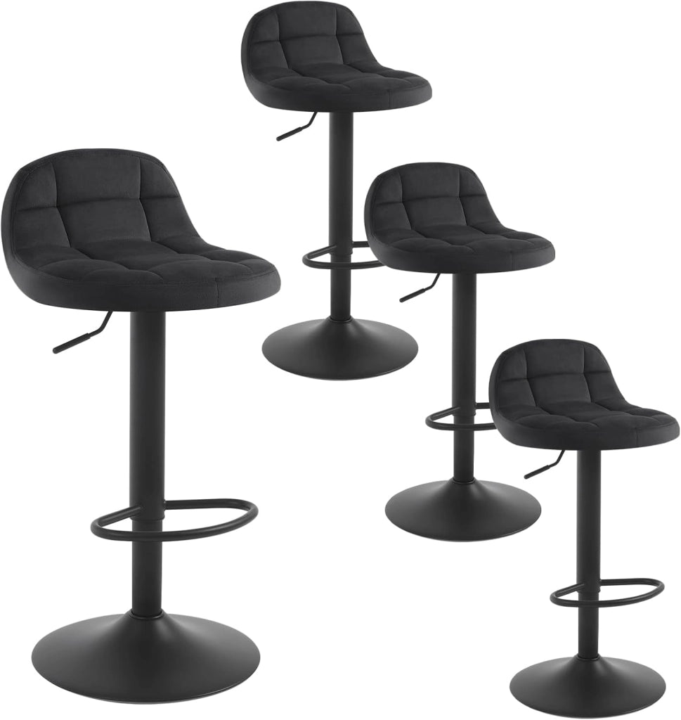 Set di 4 Sgabelli da Bar con Schienale Sedia Alta da Cucina Imbottita Seduta Regolabile in Altezza 60-82cm con Poggiapiedi Girevole a 360° in Velluto, Nero BH317sz-4