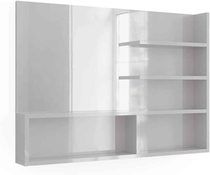 Mensola dello specchio, Bianco lucido, 119.8 x 70 cm con scomparti aperti, con cinque ripiani aperti per la conservazione degli accessori da bagno