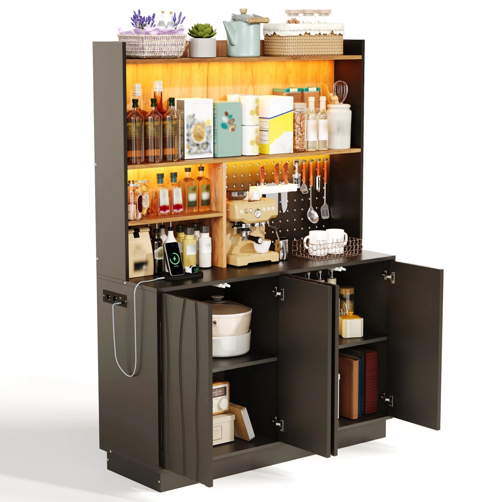 Mobile da cucina con LED RGB e prese USB; 120x43x160 cm in MDF nero e naturale