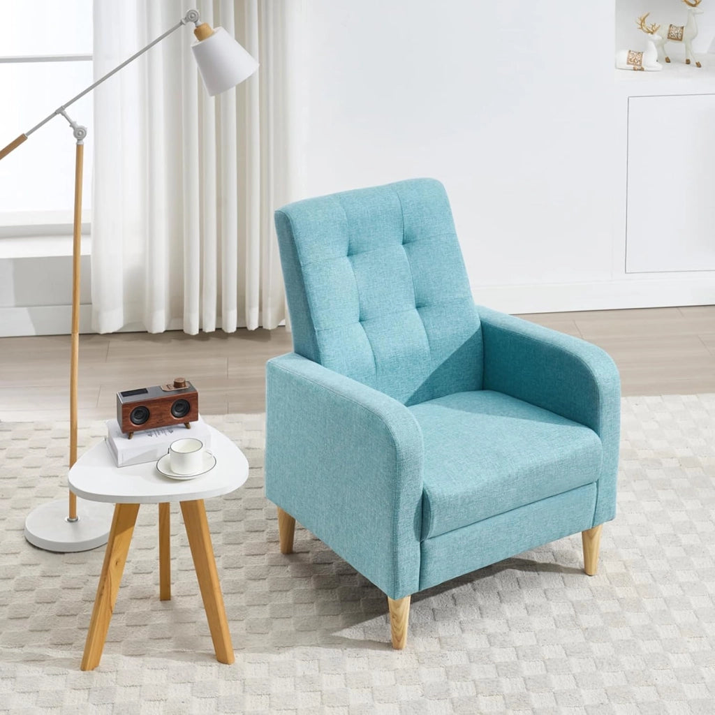 Poltrona da Salotto, Poltrona Relax con Schienale Alto, Sedia di Relax con Pieno Legno Massello Piedi, Seduta Imbottita, Rivestimento in Lino, per Salotto, Ufficio, Blu, SKS41bl