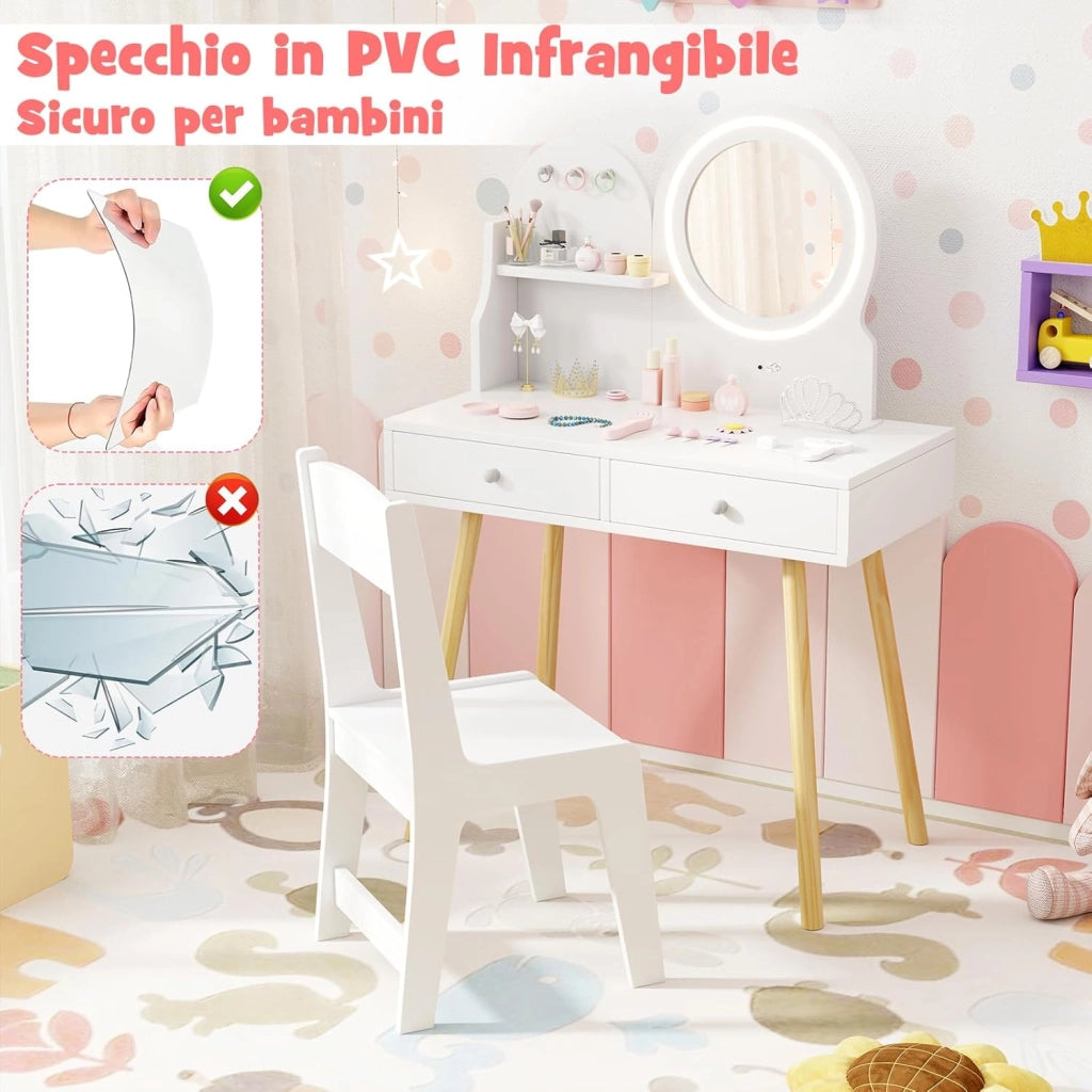 Set Toeletta Trucco per Bambini con Specchio Illuminato, Set Tavolo e Sedie con Ripiano Aperto, Ganci e Cassetti, Mobile da Leggere, Disegnare e Scrivere per Cameretta, Bianco