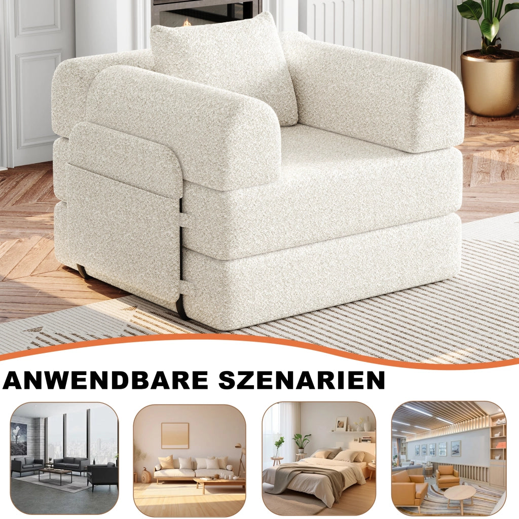 Divano letto convertibile in ciniglia con vano nel bracciolo, struttura in acciaio e base antiscivolo beige