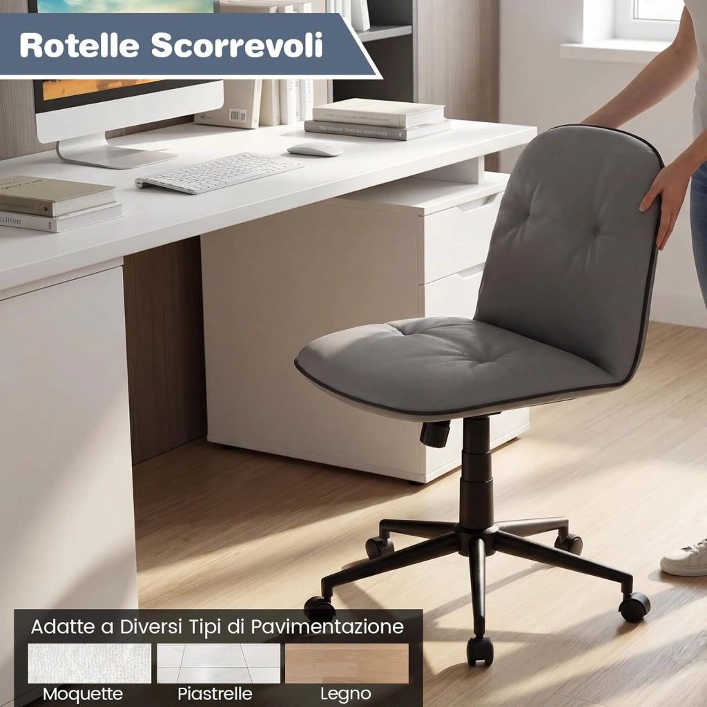 Sedia Scrivania Girevole a 360°, con Altezza Regolabile, Funzione Dondolo e Ruote Scorrevoli, Poltrona Ufficio Salvaspazio, Portata 112 kg (Grigio)