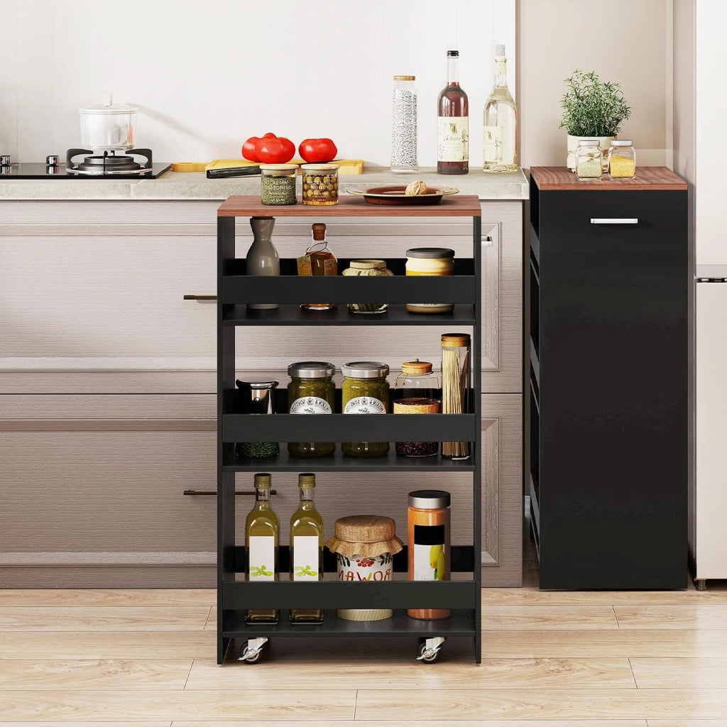 Carrello Portaoggetti a 4 Ripiani con Ruote Rirevoli a 360°, Carrellino Scorrevole con Maniglia Slim, da Bagno, Cucina, Lavanderia, 47,5 x 30 x 80,5 cm (Nero e Marrone)