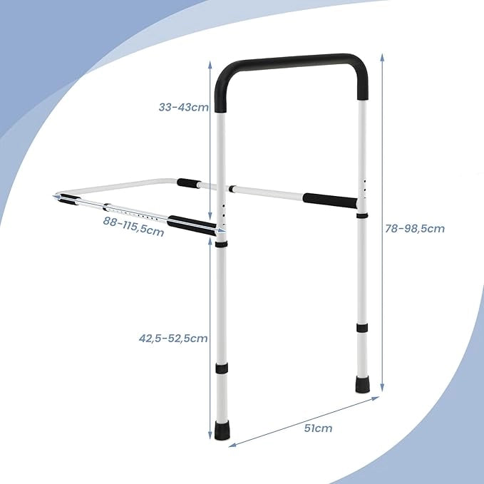 Barra di Supporto per Letto, Barra Regolabili in Lunghezza e Altezza, Sponda Letto Anziani in Metallo Ricoperti di Schiuma per Anziani, Bambini e Disabili, Portata 160 kg