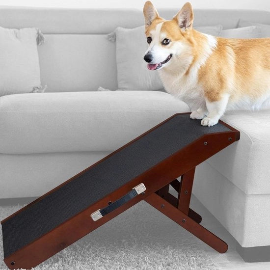 Passeggino per cani - Regolabile 18 a 53 cm - Per letto e divano - Legno di betulla - Piattaforma di atterraggio si accoppia senza soluzione di continuità - Ripiegabile - Noce