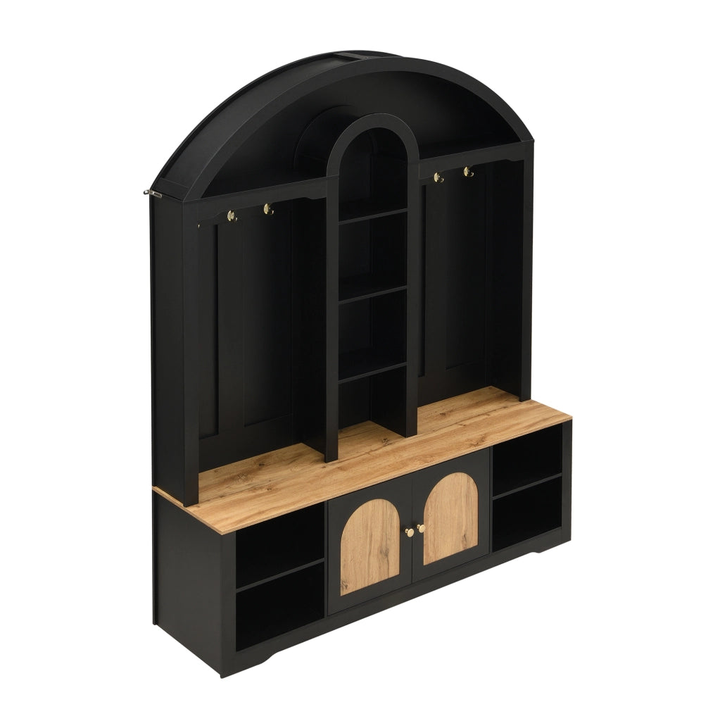 Garderoba da ingresso ad arco con ante; ripiani aperti e ganci; 150x40x195 cm; nero in MDF