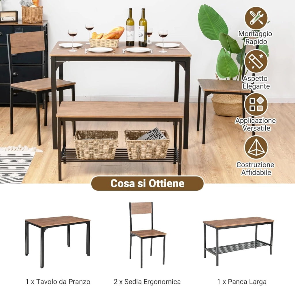 Set Tavolo e Sedie da Pranzo 4 Pezzi, Tavolo da Pranzo con 2 Sedie e 1 Panca, Set Mobili da Cucina Salvaspazio con 4 Posti, per Cucina, Sala da Pranzo e Soggiorno (Marrone)