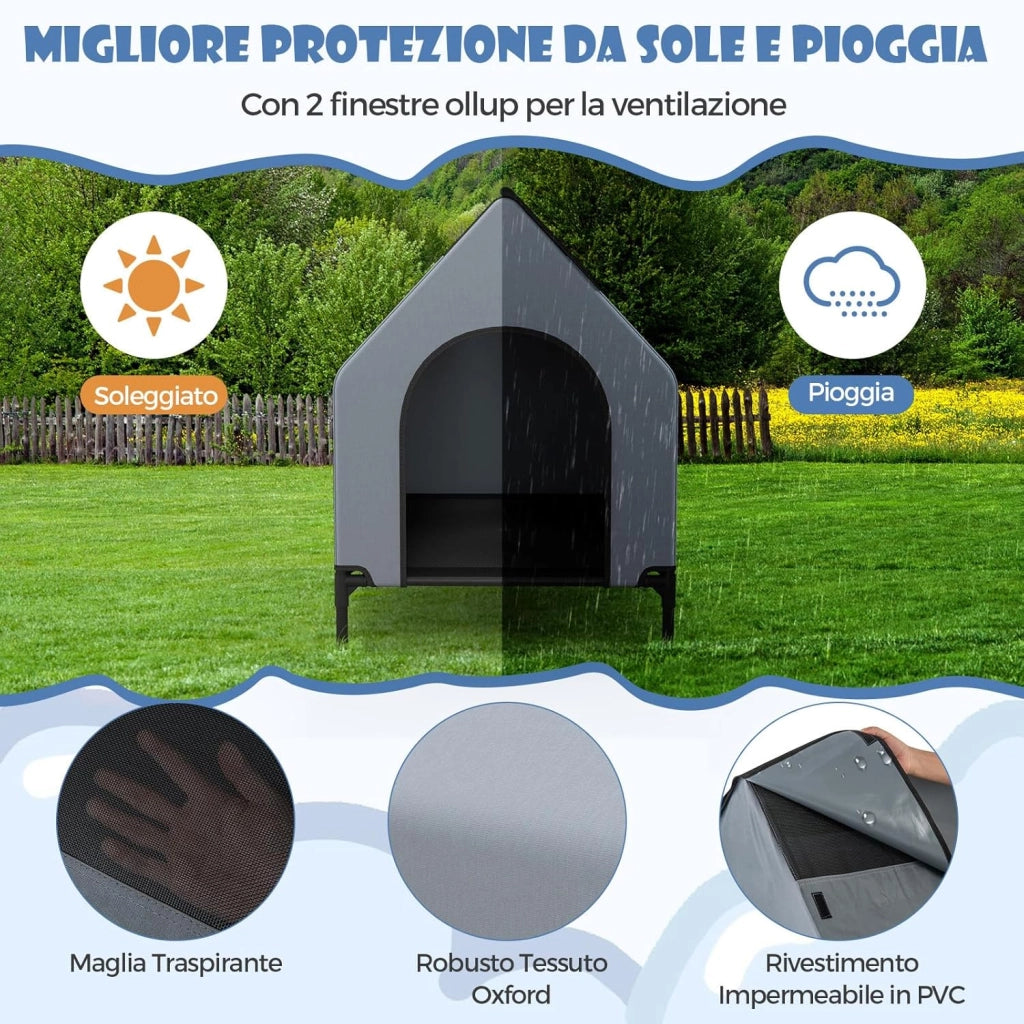 Casetta per Cani, Letto Rialzato per Cani con Copertura Rimovibile ed Impermeabile e Finestre Ventilate, Cuccia Cane Esterno ed Interno Taglia Piccola/Media/Grande (64 x 91 x 86 cm)