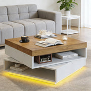 Tavolino basso quadrato girevole a 360° con LED e vani aperti in MDF bianco e legno 65 × 65 × 40 cm