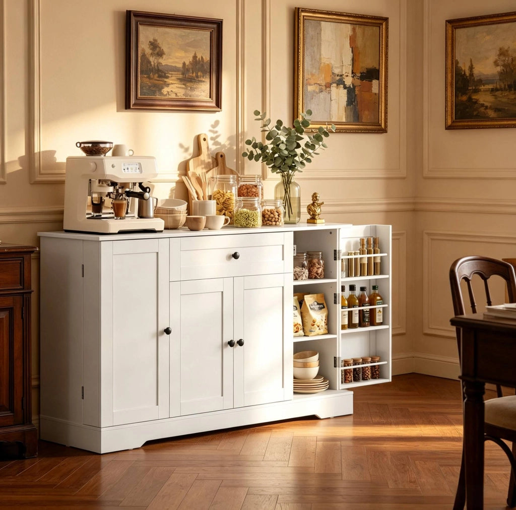 Buffet bianco 140 cm con 4 porte, cassetto ampio e ripiani regolabili