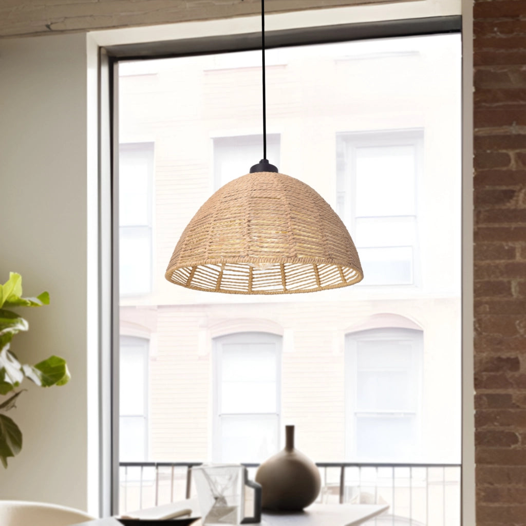 Lampada a Sospensione Romsey con Paralume a Campana in Rattan - Naturale / Nero lux.pro