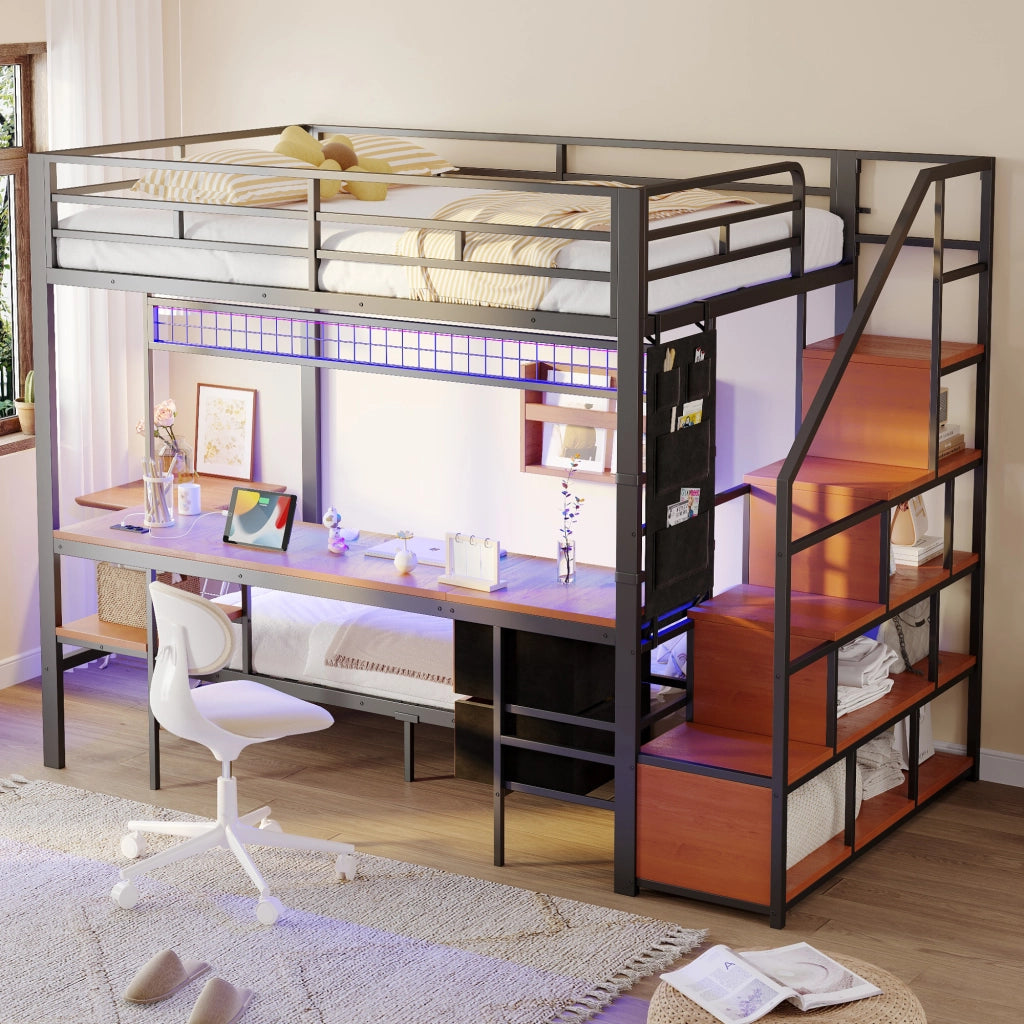 Letto a Castello 140 x 200 cm e 90 x 200 cm; 3 Posti con Scrivania; LED; Prese e Contenitori; senza Materasso