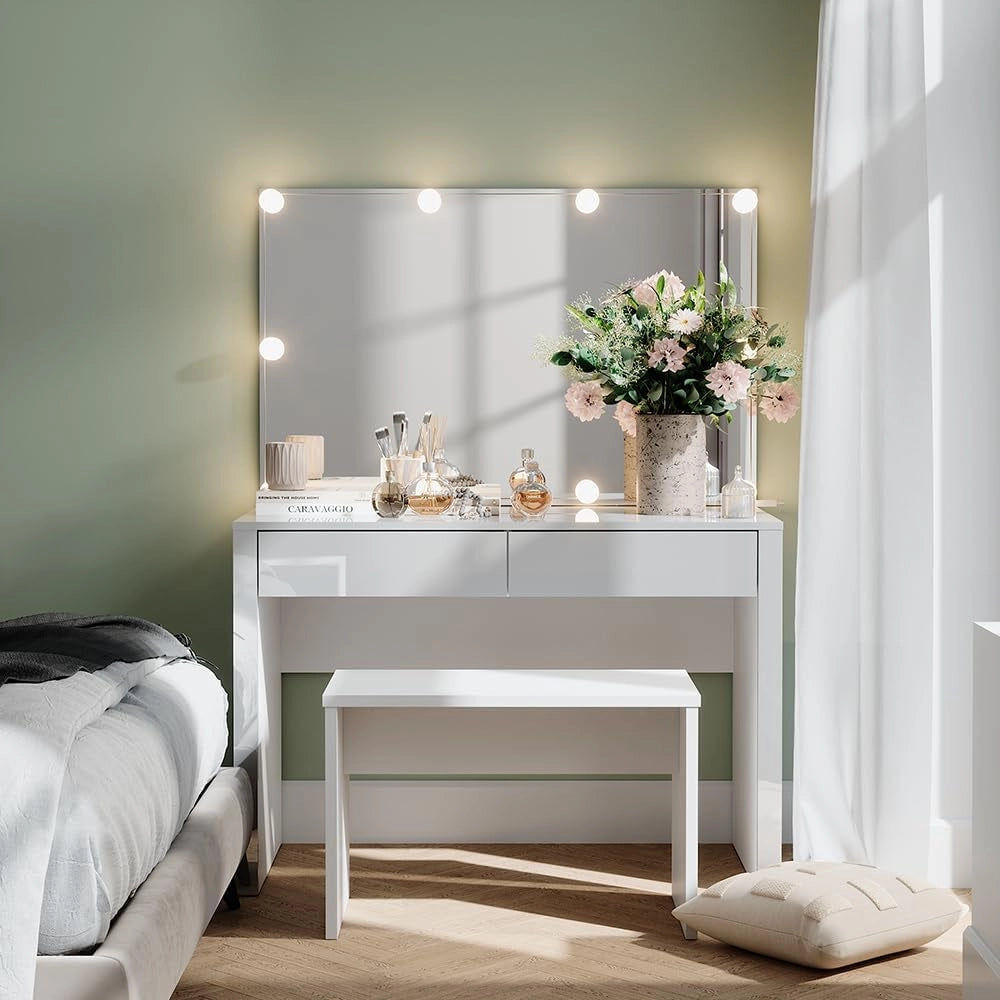 Tavolo da toilette Annabelle, Bianco lucido/bianco, 110 cm con specchio LED e sgabello, Tiene sempre a portata di mano i prodotti di uso quotidiano