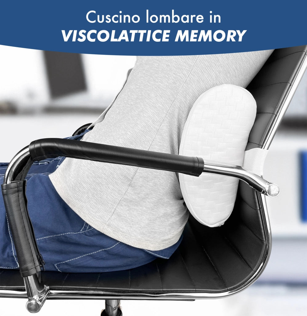 Supporto Lombare In Memory Foam Portatile Con Elastico Per Fissaggio Sedia Ufficio Multiuso Collo Ginocchia Cuscino Da Viaggio Auto Gambe Prodotto Italiano Dispositivo Medico