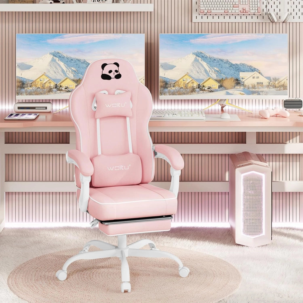 Sedia Gaming, Ampia Sedia da Ufficio Ergonomica Imbottita con Cuscino a Molla, Alta Capacità di Carico, Poltrona per Computer con Schienale Alto e Poggiapiedi, Tessuto a rete, Rosa, GS16rs