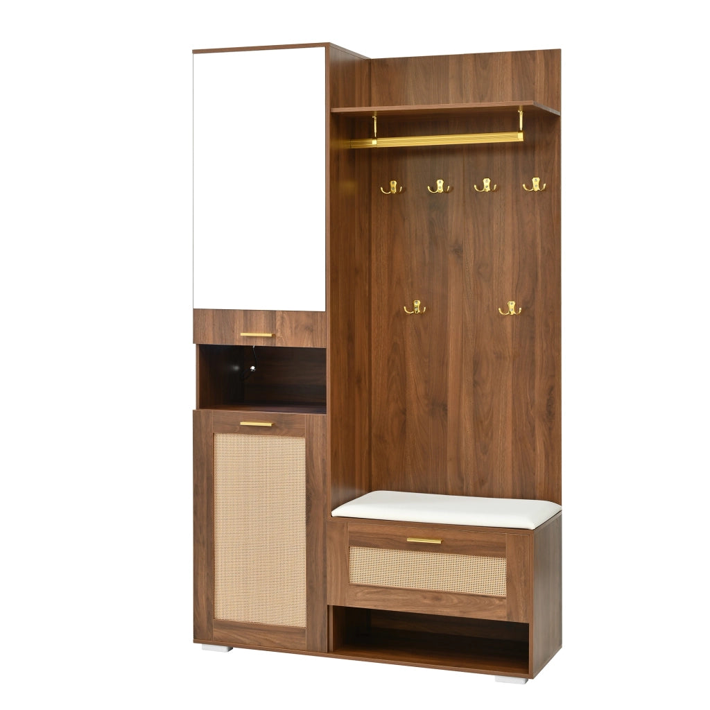 Mobile d'Ingresso con 3 Ante; Specchio; Panca e LED 16 Colori; Stile Moderno; in MDF; Noce/Bianco; 110??38??190 cm