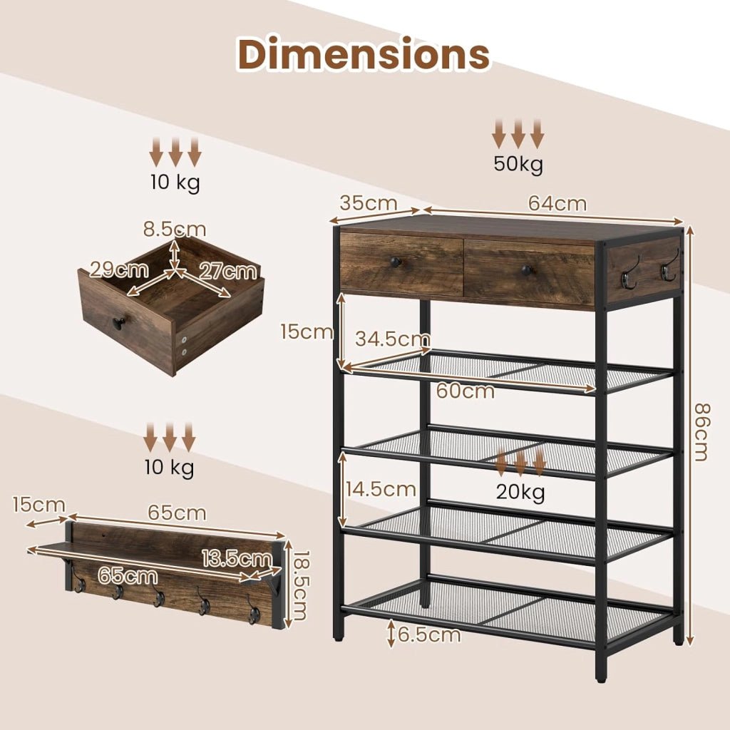Set di Appendiabiti e Scarpiera, Organizer per Scarpe a 5 Ripiani con Appendiabiti da Parete, Ganci, Cassetti, Attaccapanni Industriale per Ingresso, Camera da Letto, Marrone Rustico