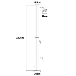 Surya Silver - Doccia solare da giardino 35L in PVC. Doccia a riscaldamento solare Doccia da esterno con rubinetteria in acciaio e soffione orientabile. Colore argento e nero opaco.
