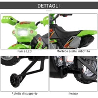 Moto Elettrica per Bambini 3 anni e Più, Moto Cross Elettrica con Rotelle, Batteria 6V Velocità 2.5km/h, 102 x 53 x 66cm, Verde