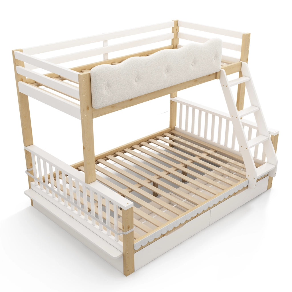 Letto a Castello 90 x 200 cm e 140 x 200 cm; 3 Posti con 2 Cassetti e Portariviste