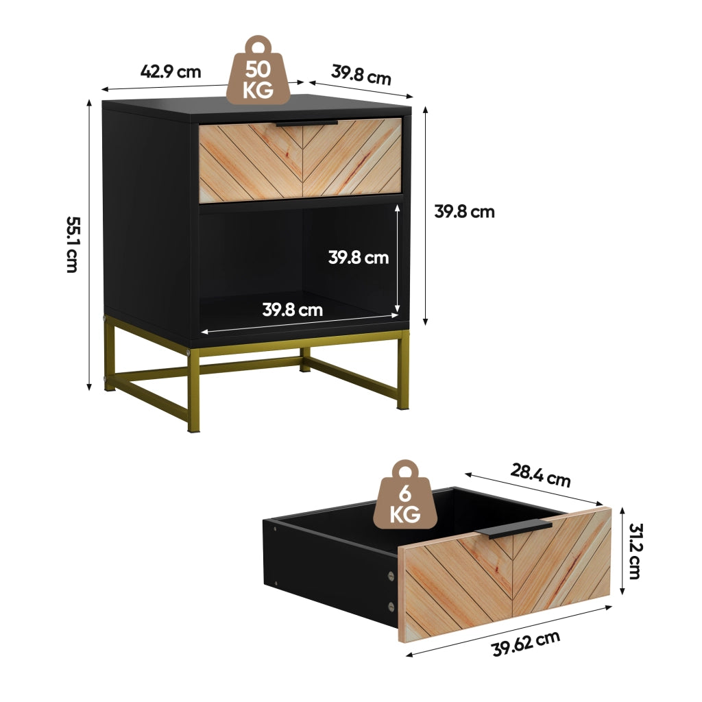 Comodino con 1 cassetto e 1 vano aperto per camera da letto soggiorno e salotto in MDF nero naturale 43 × 40 × 55 cm