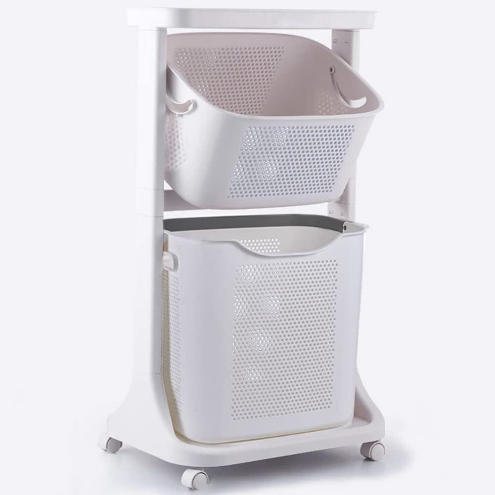 Carrello Portabiancheria Salvaspazio 2 Litri Cesta Estraibile 2 Ripiani Bianco