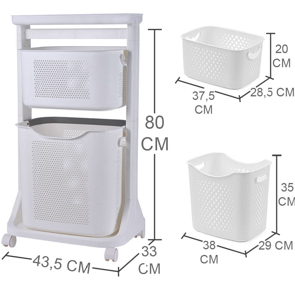 Carrello Portabiancheria Salvaspazio 2 Litri Cesta Estraibile 2 Ripiani Bianco