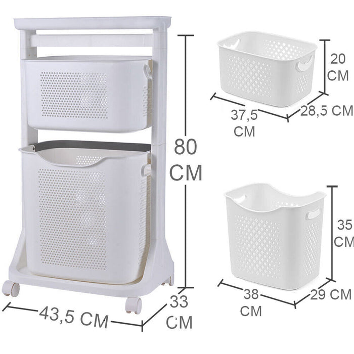 Carrello Portabiancheria Salvaspazio 2 Litri Cesta Estraibile 2 Ripiani Bianco