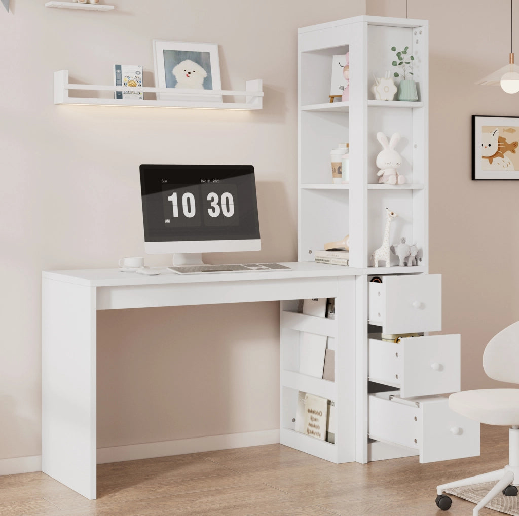 Scrivania con libreria 150x50x180 cm con 3 cassetti e vano laterale in MDF bianco