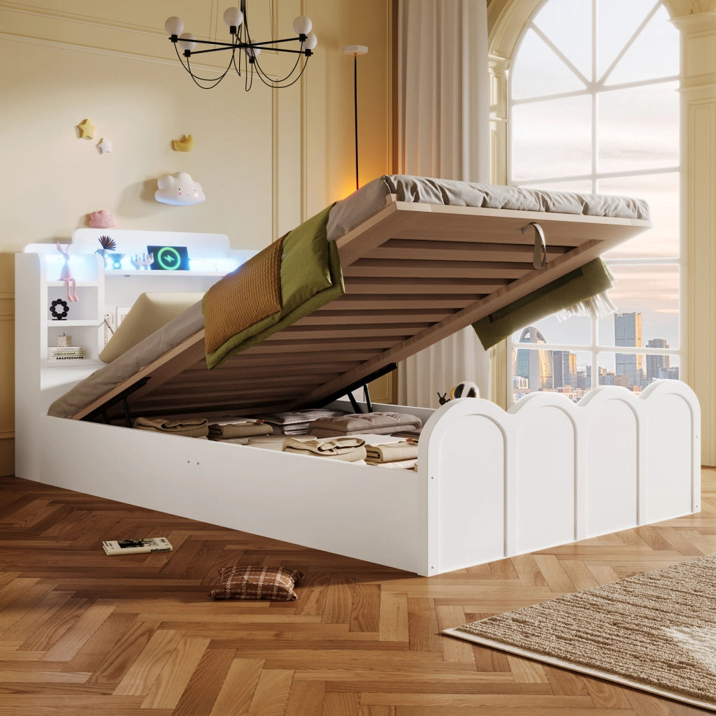 OKWISH Letto Contenitore 90×200 cm, Letto Singolo con USB e Tipo C, LED Regolabile e Contenitori, senza Materasso, Bianco
