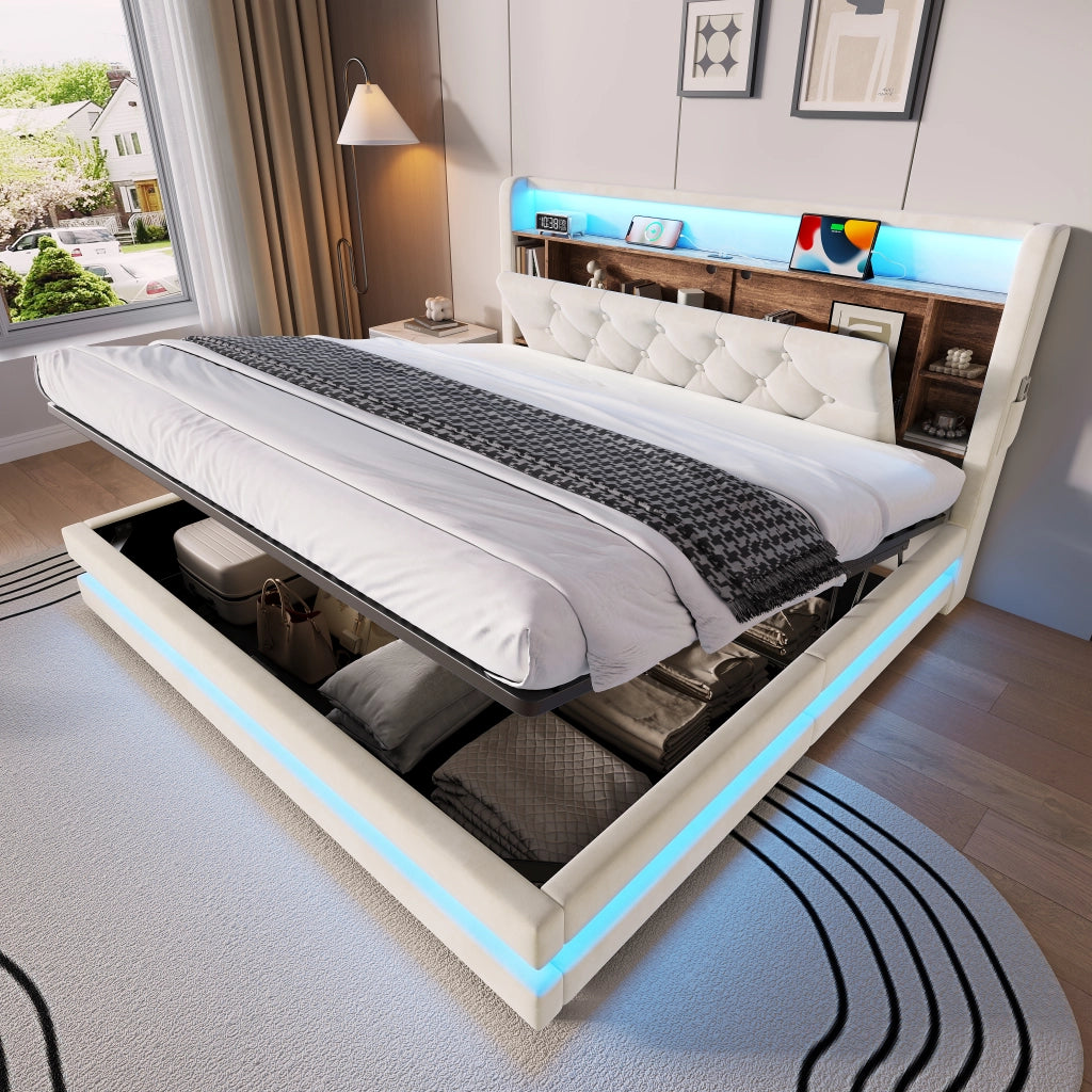 Letto Contenitore 160x200 cm; Letto Matrimoniale con LED; USB e Type-C; in Velluto Beige