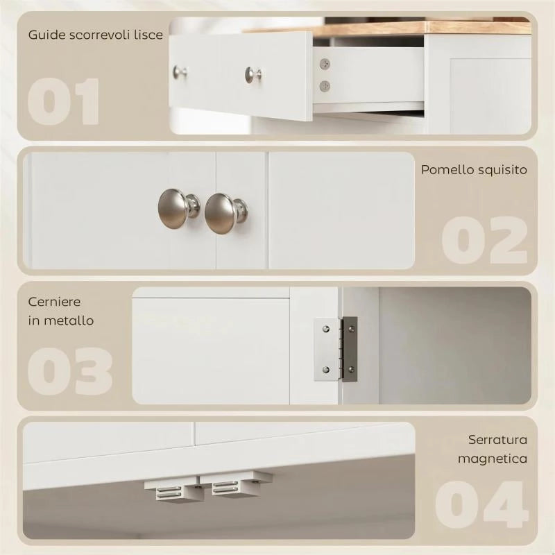 CREDENZA BASSA CON ARMADIETTO 2 ANTE, RIPIANI REGOLABILI E 2 CASSETTI, BIANCO E LEGNO
