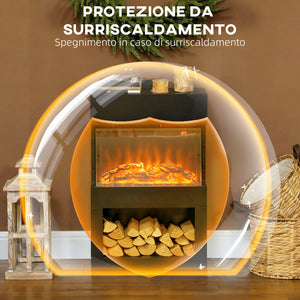 Camino Elettrico da Pavimento con Effetto Fiamma 3D Colorata 1000W/2000W con Temperatura Regolabile e Telecomando Nero