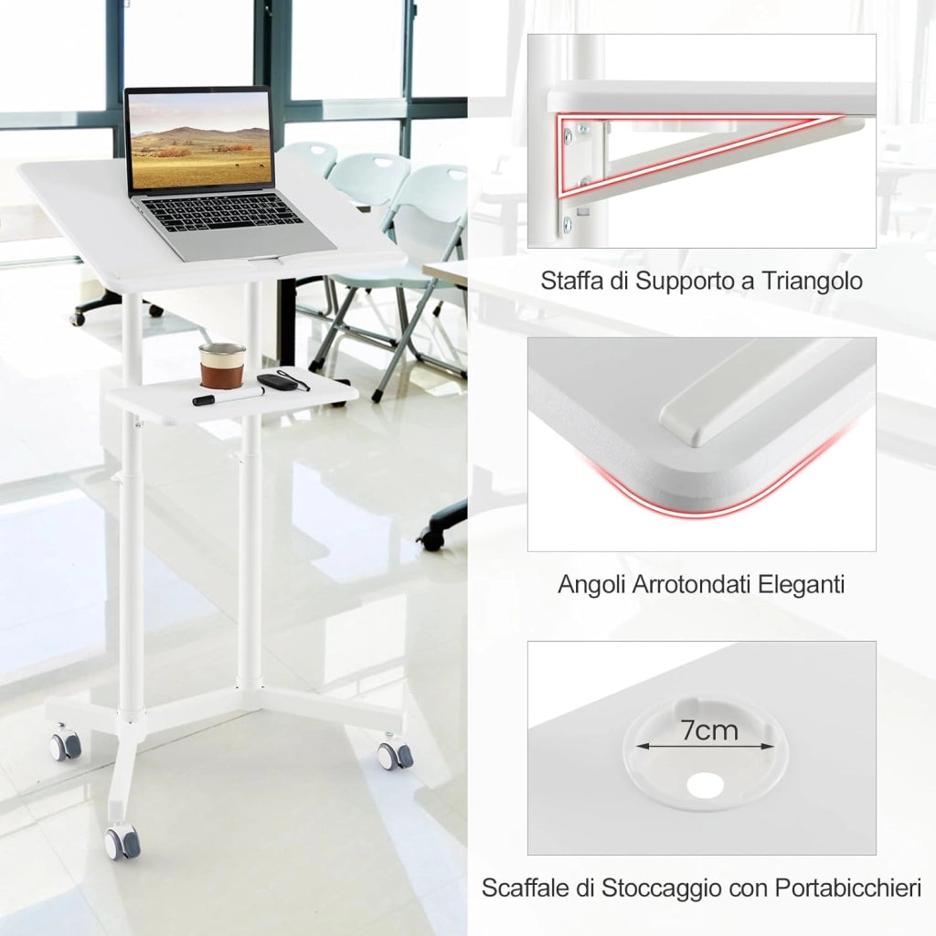 COSTWAY Podio per Conferenze, Pulpito Portatile per Laptop con Piano Inclinabile e Regolabile in Altezza, Vassoio Portaoggetti, Portabicchieri e Ruote Bloccabili (Bianco)