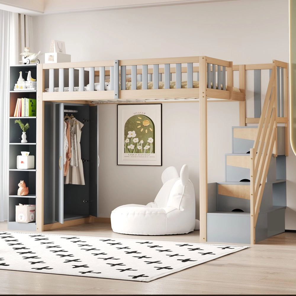 Letto a Soppalco Multifunzione ¨C MINIMAL ¨C 90x200, Grigio, con Armadio e Scaffali
