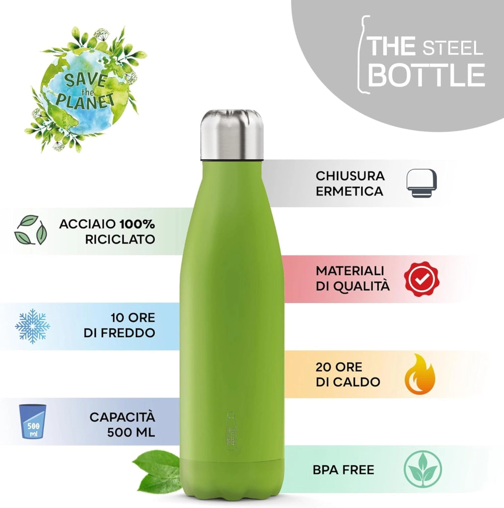 The Steel Bottle Bottiglia termica in Acciaio Inox Capacità 500 ml Chiusura Ermetica - Verde