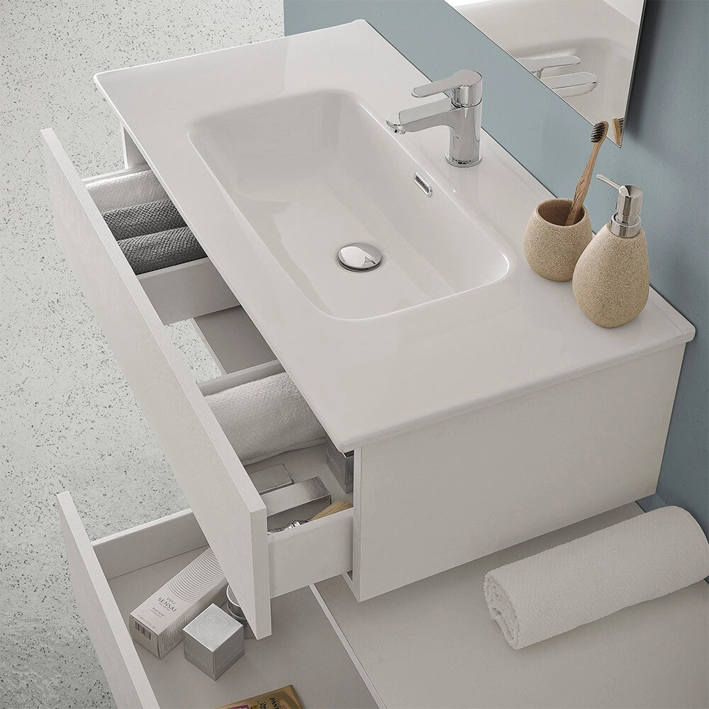 Mobile bagno sospeso 90 cm rovere bianco con base lavabo e cassetto Nadia