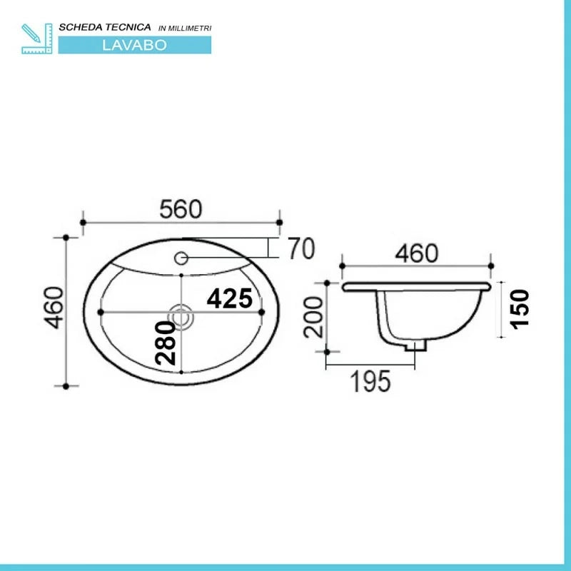 Lavabo da incasso soprapiano ovale 56x46 cm in ceramica lucida