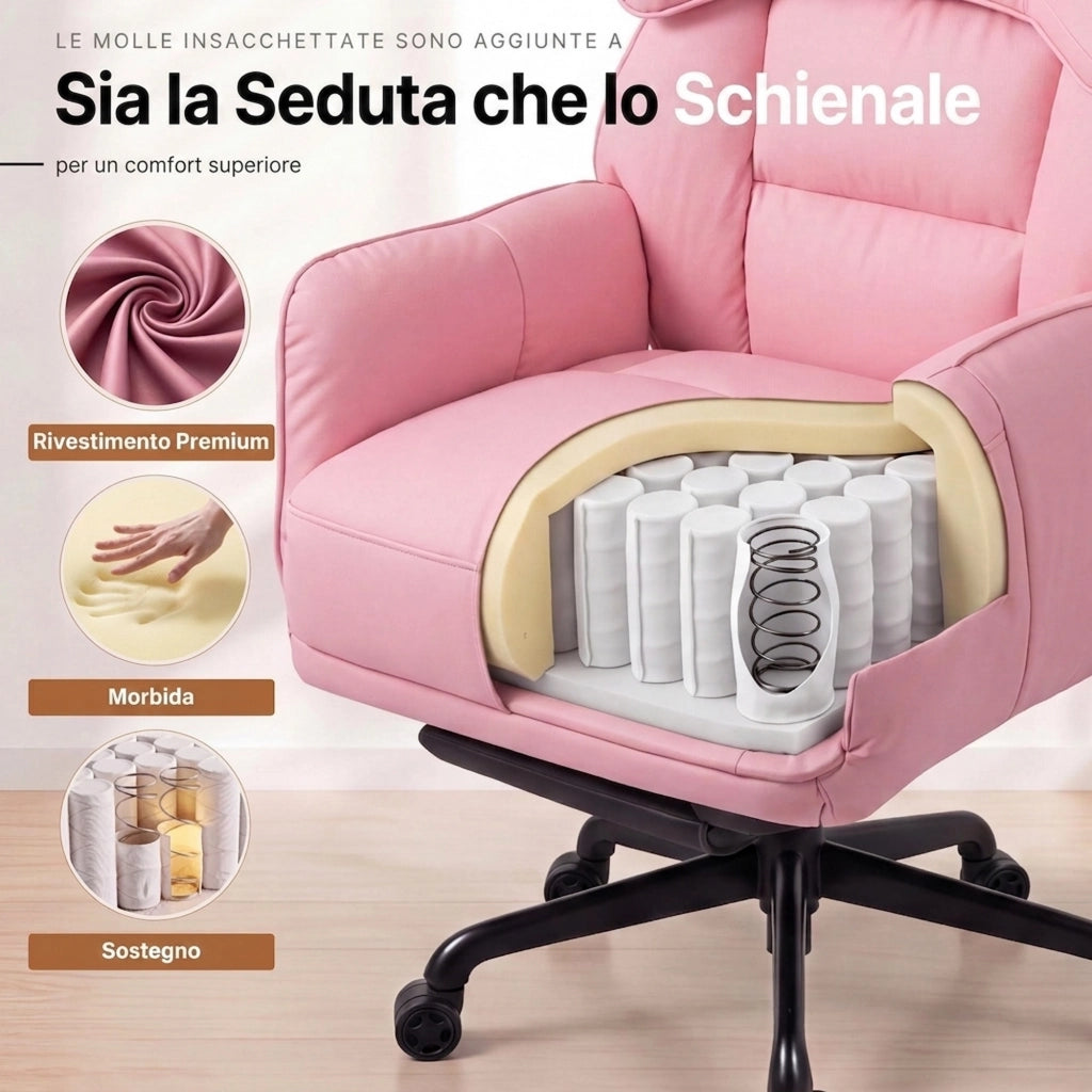 Sedia da ufficio ergonomica - Con corrimano e poggiapiedi - Con braccioli regolabili - Schienale regolabile - Rosa