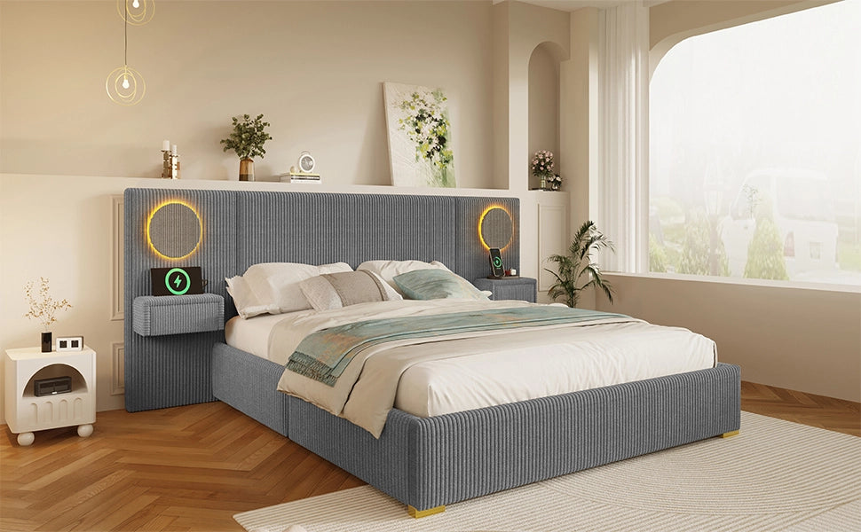 Letto matrimoniale 180x200 in velluto grigio con testiera LED e comodini integrati